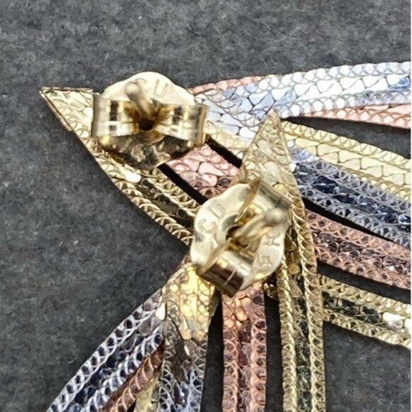 14K Tricolor Gold Dangle Drop Earrings - Gold Leaves Design - 1.5 in (12.7 mm) - Picture 4 of 6